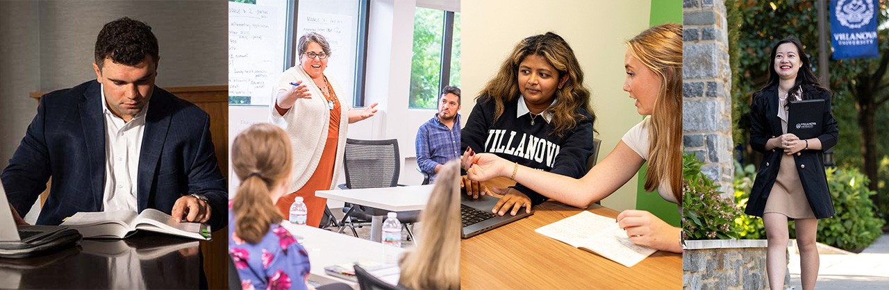 young man studying at a table, faculty standing and teaching, students working at a table with a laptop and pen and notepad, young woman walking outside