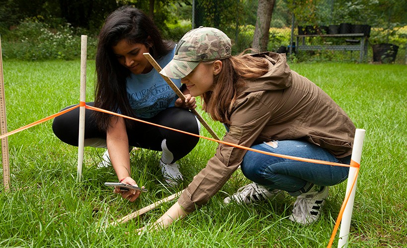 Two students conduct research in the field. image of two female students measuring and taking pictures in a field.