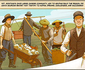 illustration An illustration by Rich Lee. A group of Chinese migrants are pictured performing various key jobs including ironing, mining, and gardening.