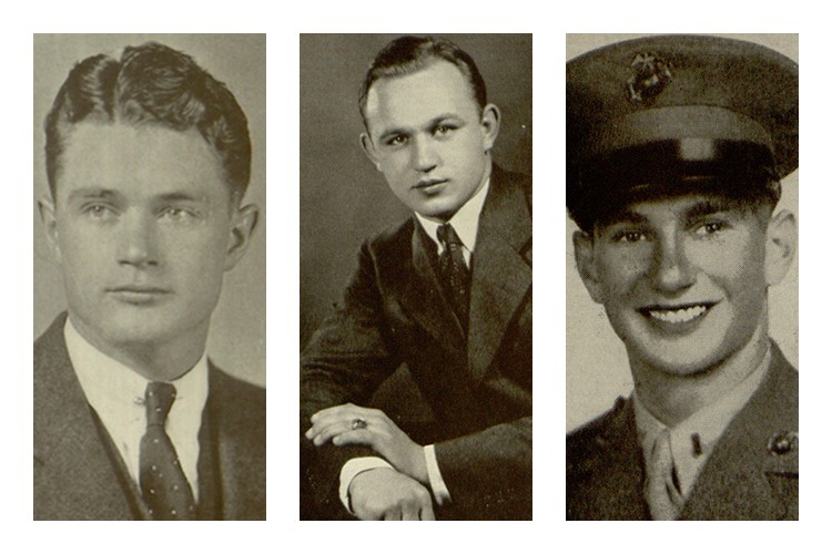 From left to right: Harry Singley, Jr., as pictured in the 1932 “Belle Air” yearbook; Michael Basca, as pictured in the 1941 “Belle Air” yearbook; and Herman Drizin, as pictured in the summer of 1945’s “Villanova Alumnus” publication. Courtesy of the Villanova University Archives.