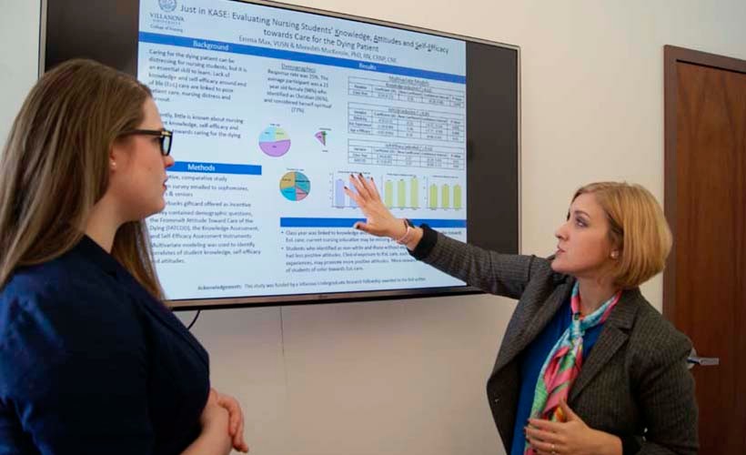 Faculty at screen teaches student during research session.