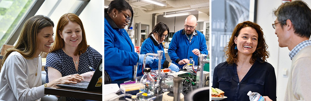Villanova Institute for Research and Scholarship from left: faculty workshopping together on laptop; two students with faculty in lab coats in biology lab; two faculty talking at luncheon