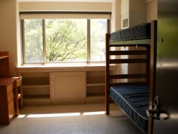 Sullivan Hall double room View of a bunk bed and desk in a Sullivan Hall double room.