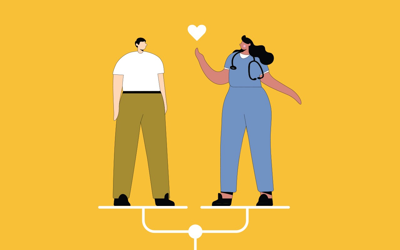 An illustration of a male patient standing on one side of a balance scale and a female nurse standing on the other side.